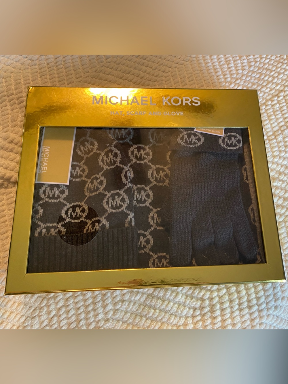 Michael Kors Gray & White MK Logo Knit Hat, Scarf and Gloves Gift Set - Picture 2 of 9